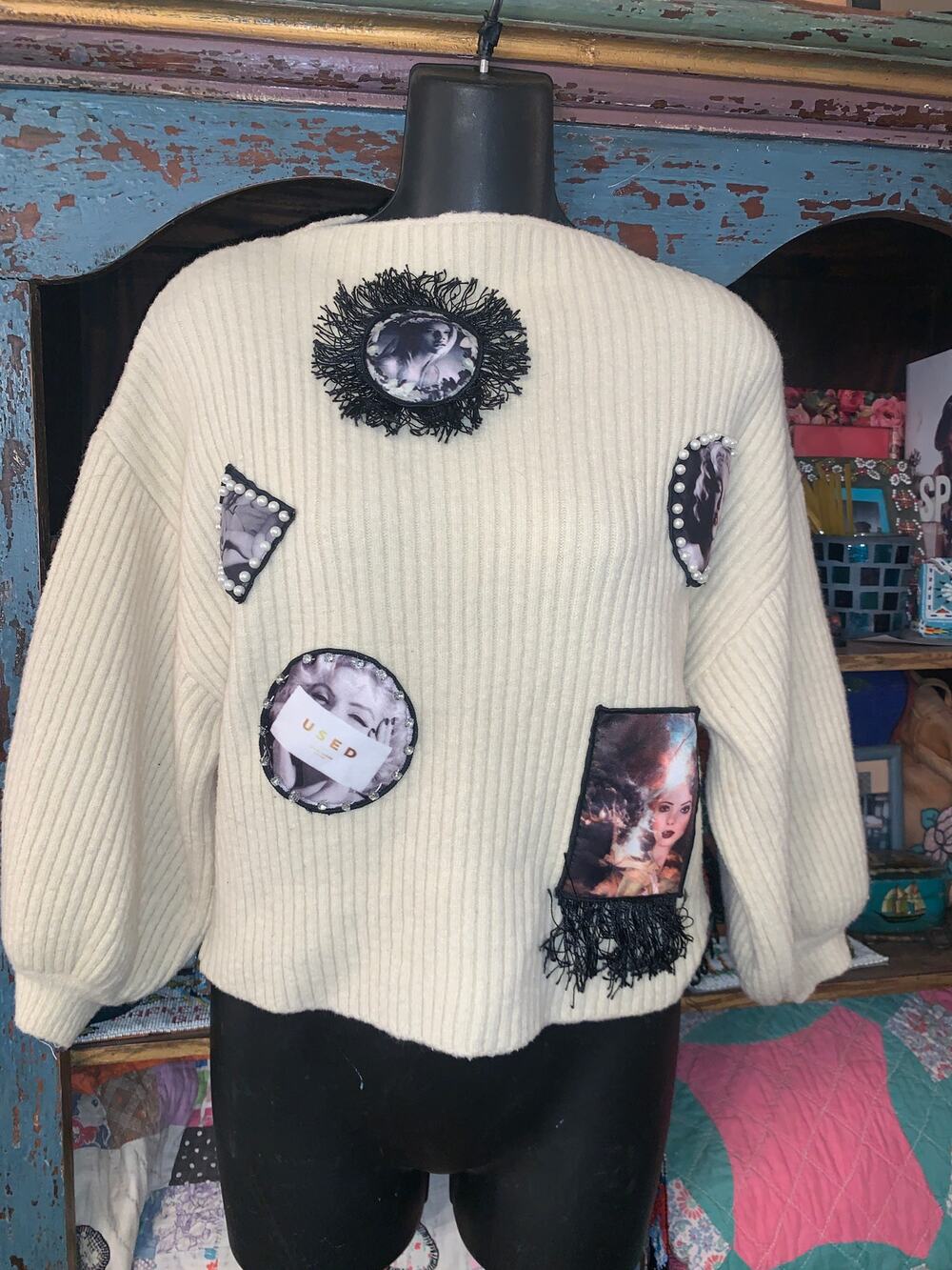 VINTAGE RIBBED PINUP SWEATER-MOVIE STAR PATCHES EMBELLISHED PEARLS, FRINGE
